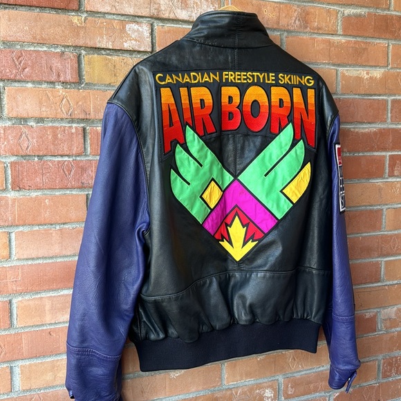 Vintage Canadian Skiing Embroidered Leather Jacket / Large / 90s / Air Born - Picture 3 of 10